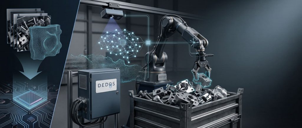 3D-Rendering einer Bin-Picking-Roboterzelle mit 3D-Kamera, Punktwolken-Overlay und KI-Netzwerkvisualisierung, Roboter greift Metallteil aus Teilebehälter
