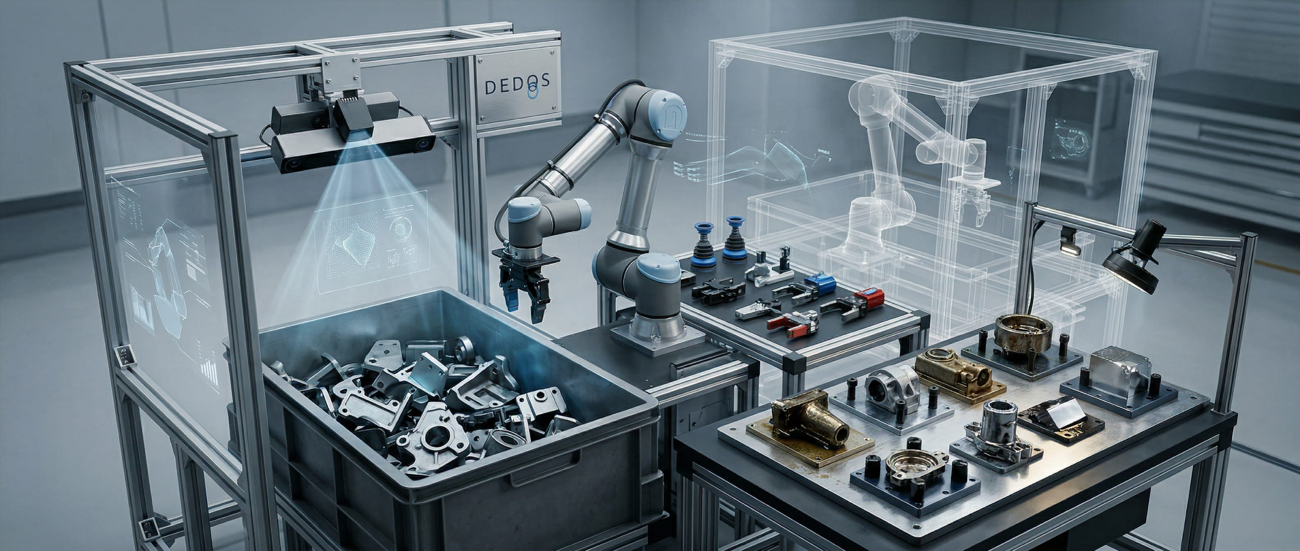 Automatisierungsberatung und Machbarkeitsanalyse für Bin-Picking Robotik Roboter Teststation für Bin-Picking mit 3D Kamerasystem und verschiedenen Greifern zur Analyse und Machbarkeitsprüfung in einem industriellen Robotik Labor