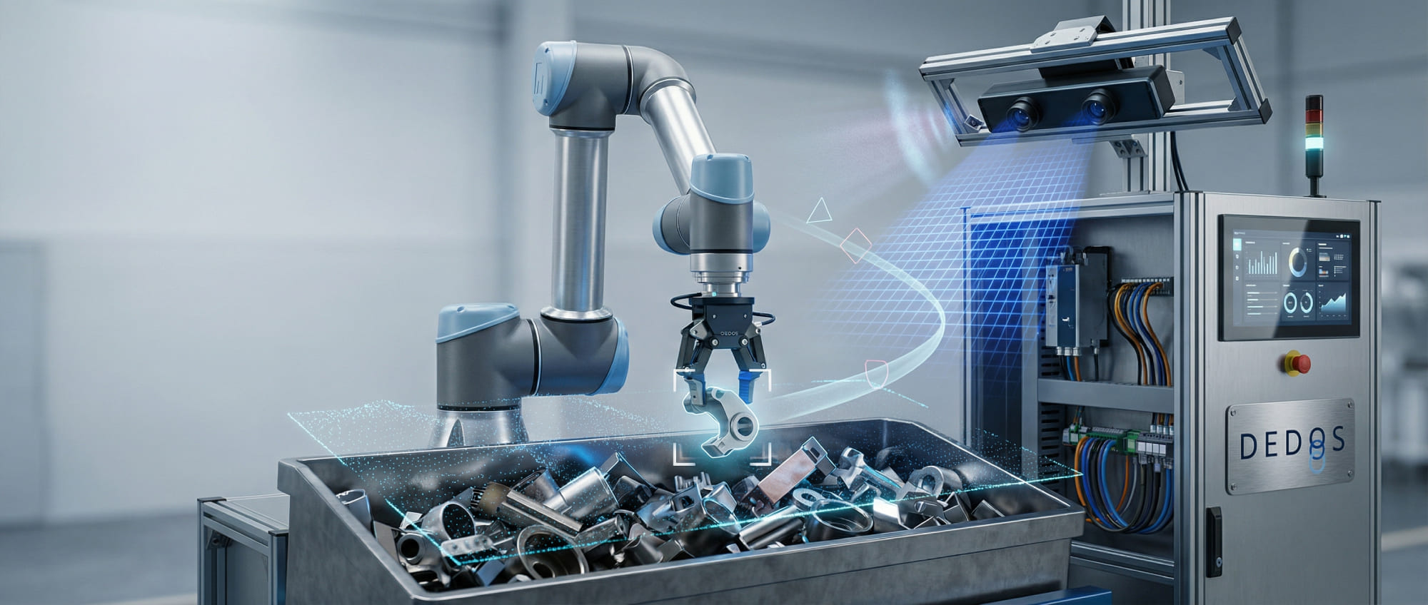 DEDOS Bin-Picking-Zelle mit 3D-Vision-Kamera und Roboter, der Metallteile aus einem Behälter erkennt und mit Greifer präzise entnimmt, inklusive Schaltschrank und HMI.