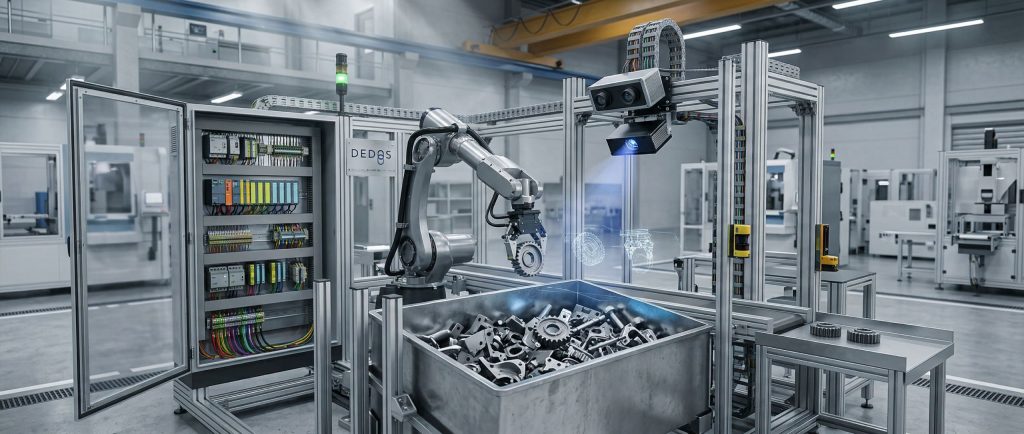 Industrieller Roboter greift Metallteile aus einer chaotischen Teilekiste in einer modernen Bin-Picking-Anlage mit 3D-Vision-System und integrierter Automatisierungstechnik in einer Produktionshalle