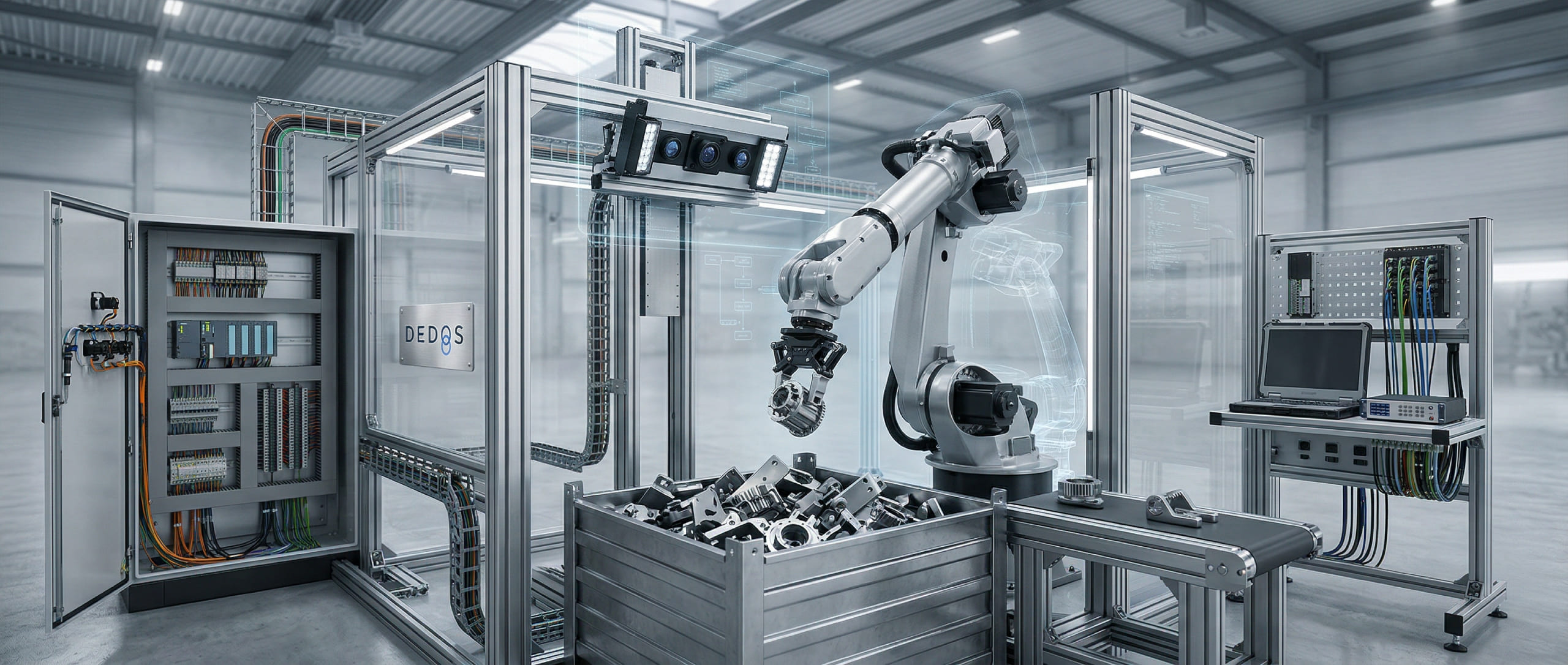 Automatisierte Bin-Picking-Anlage mit Industrieroboter und Vision-System Industrieroboter greift Metallteile aus einer chaotischen Teilekiste in einer automatisierten Bin-Picking-Anlage mit 3D-Kamerasystem, Schaltschrank und integrierter Robotik in einer modernen Produktionshalle