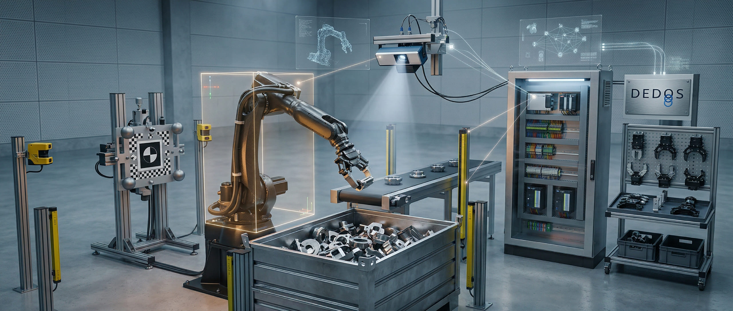Service und Wartung einer automatisierten Bin-Picking Robotikanlage dedos-gmbh-bin-picking-robotik-wartung-service-industrieanlage-3d-rendering