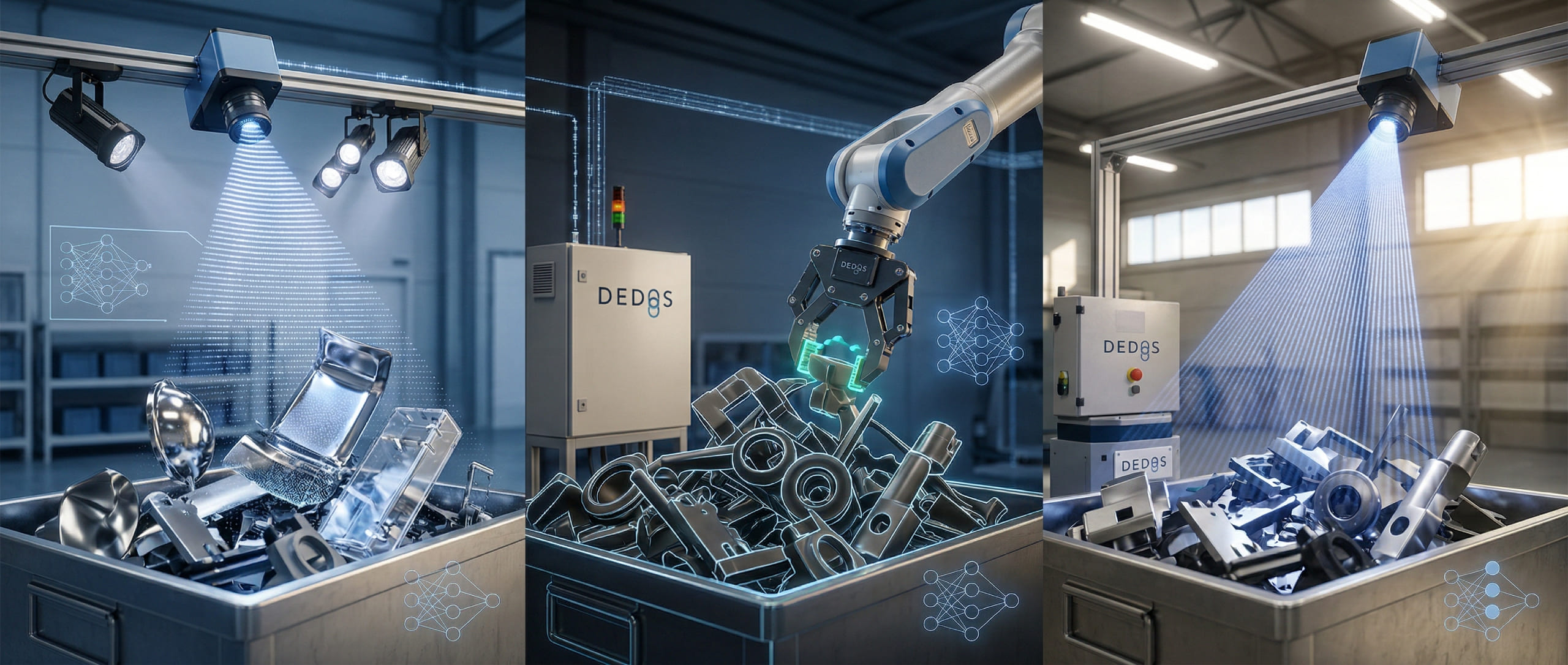 KI gestützte 3D Vision für Bin Picking und industrielle Robotik 3D Rendering einer industriellen Bin Picking Anlage mit Roboterarm, 3D Kamera, Punktwolken Analyse und KI Vision zur Erkennung komplexer Bauteile