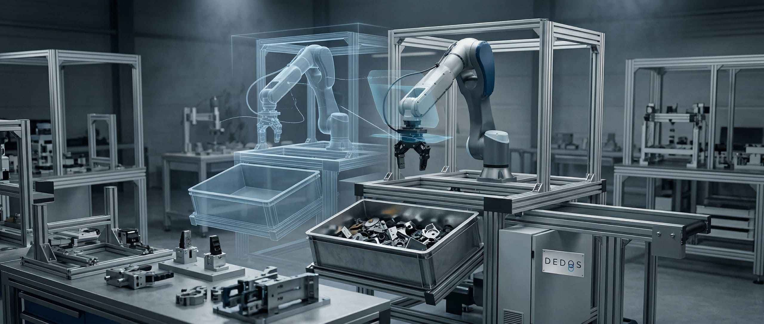 Engineering und Offline Programmierung einer Bin-Picking Robotikanlage Industrielle Robotik Testanlage mit digitalem Zwilling und teilweise montierter Bin-Picking Automatisierungszelle in einer Engineering Halle