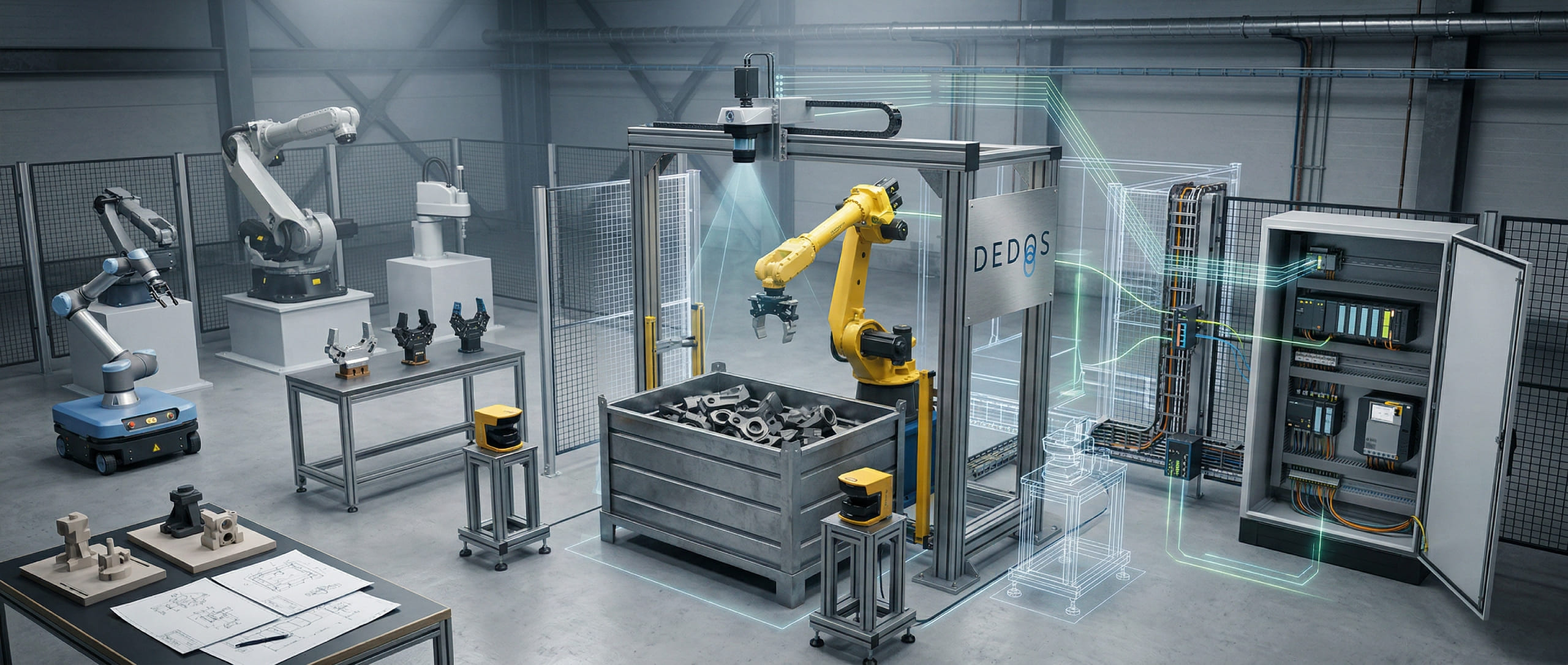 Systemdesign und Technologieauswahl für eine Bin-Picking Robotikanlage Industrielle Robotikzelle mit Vision System, Greifern, Sicherheitskomponenten und Steuerungstechnik als Konzept einer Bin-Picking Automatisierungsanlage