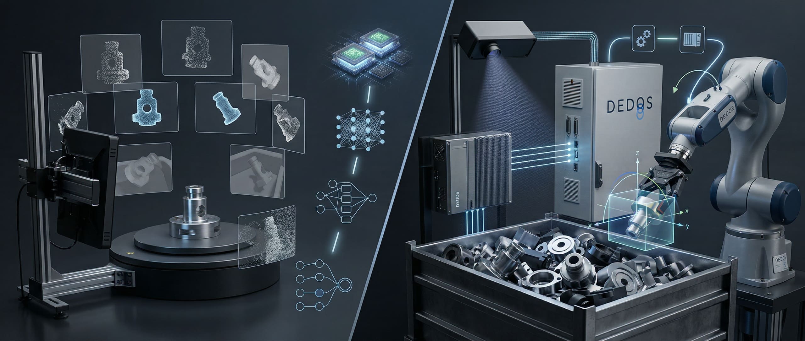 Training vs Inference in 3D-Vision und KI – Visualisierung für industrielle Robotik 3D-Rendering mit Gegenüberstellung von KI-Training und Inference für 3D-Vision, Punktwolken-Scans, Industrial PC und Roboterzelle mit Bin-Picking