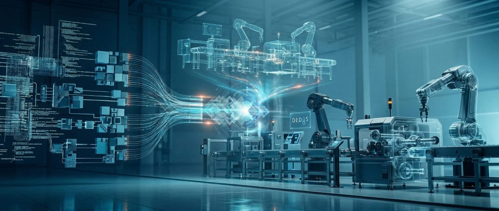 3D-Visualisierung einer Industrieanlage mit digitalem Zwilling und automatisierter Code-Generierung in einer modernen Produktionsumgebung